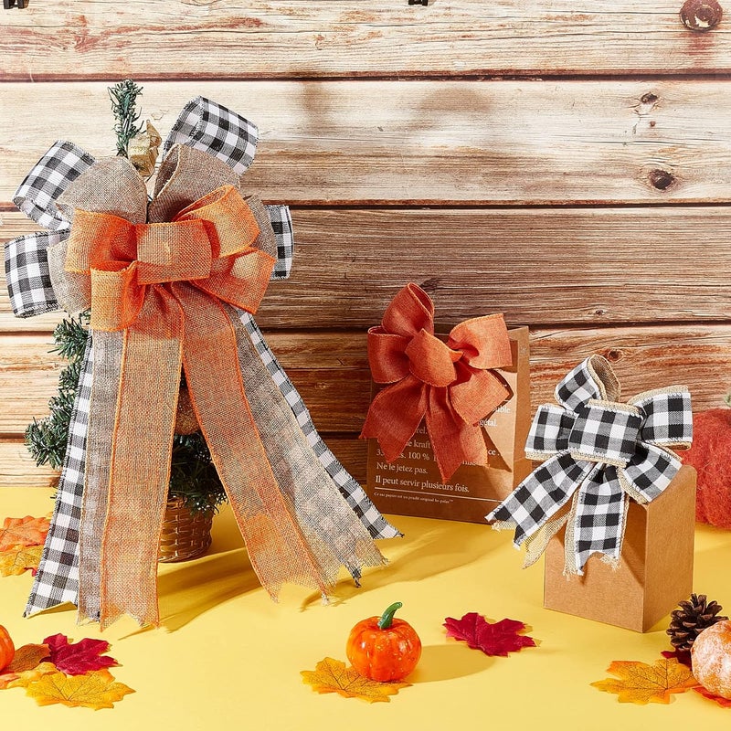CHGCRAFT 5Pcs 3 Styles Thanksgiving Bows for Wreaths Decorations Black White Plaid Orange Gift Bows for Fall Thanksgiving Party Indoor Outdoor Door Wall Decoration Supplies, 45mm 175mm - Image 5