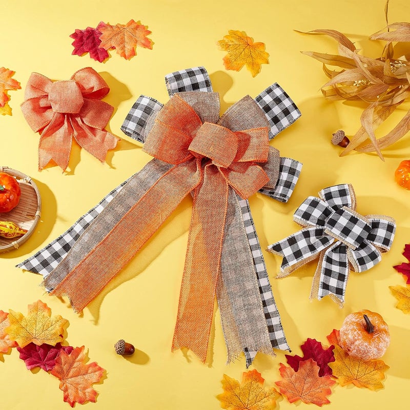 CHGCRAFT 5Pcs 3 Styles Thanksgiving Bows for Wreaths Decorations Black White Plaid Orange Gift Bows for Fall Thanksgiving Party Indoor Outdoor Door Wall Decoration Supplies, 45mm 175mm - Image 4