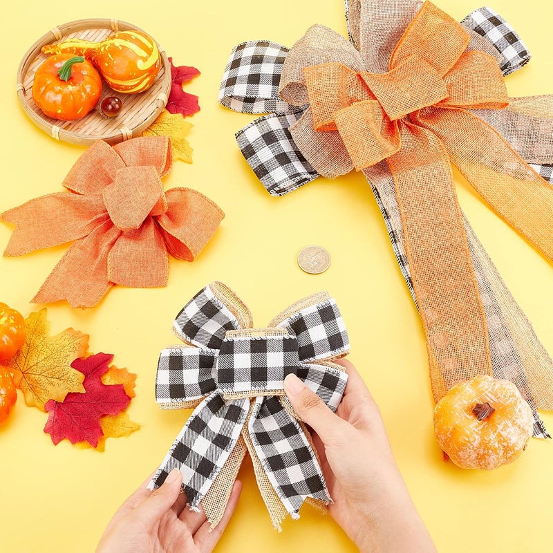 CHGCRAFT 5Pcs 3 Styles Thanksgiving Bows for Wreaths Decorations Black White Plaid Orange Gift Bows for Fall Thanksgiving Party Indoor Outdoor Door Wall Decoration Supplies, 45mm 175mm - Image 3
