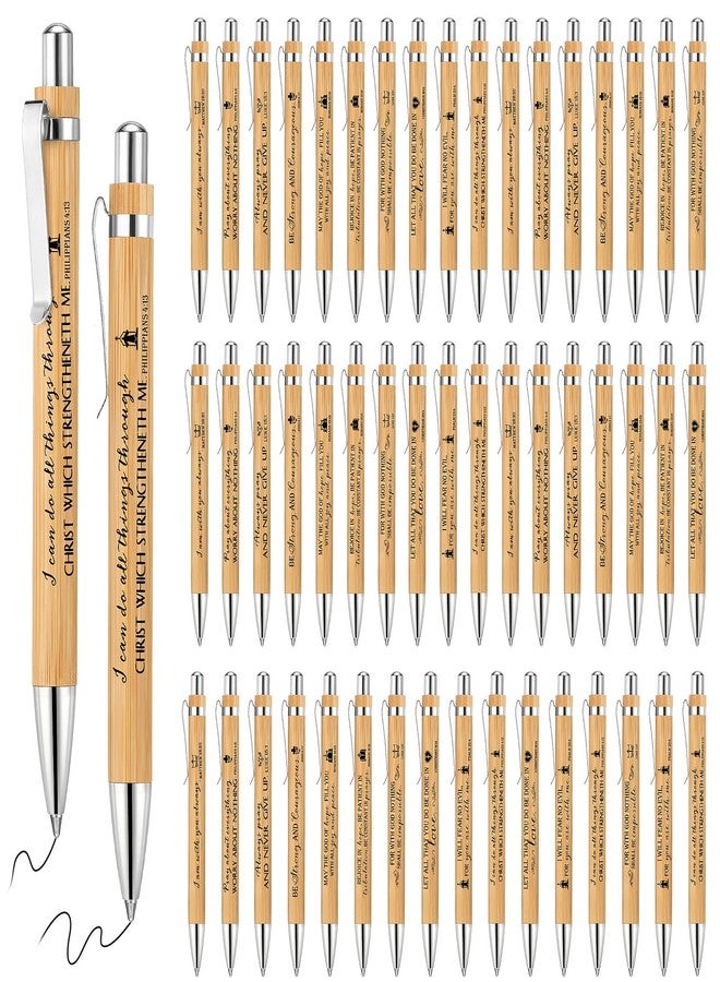 Fumete 50 Pack Bible Verse Bamboo Retractable Ballpoint Pens Inspirational Bible Verse Christian Ballpoint with Black Ink Easter Basket Stuffers Gifts for Church Pastor Sunday School(Classic Color) - Image 1