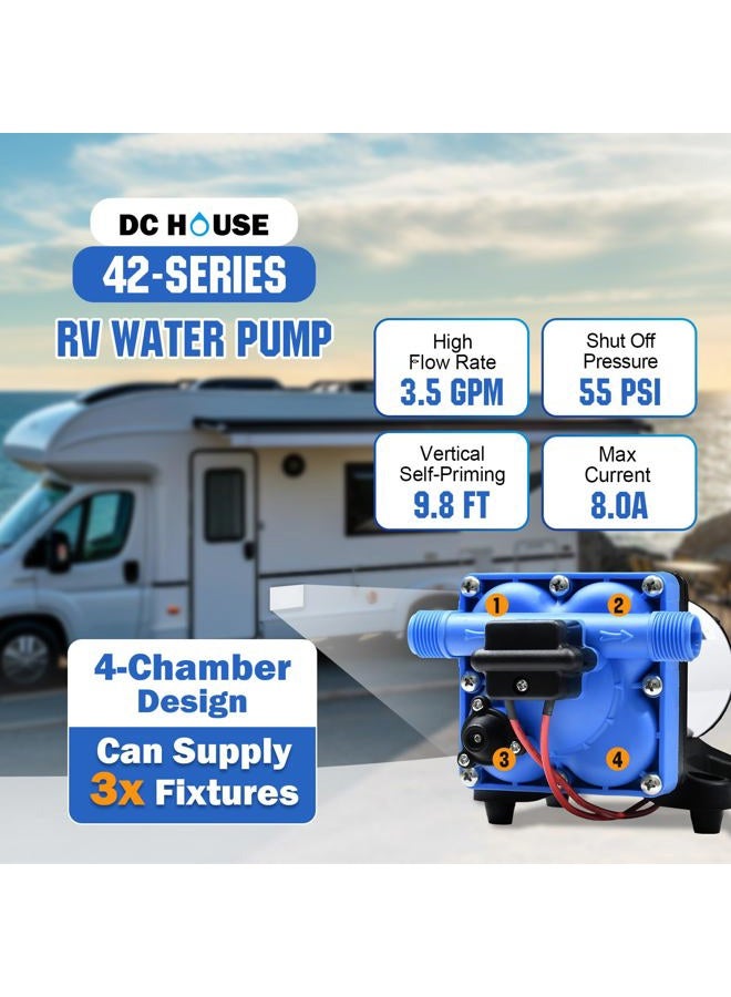 DC HOUSE RV Water Pump 12V Quiet 3.5GPM 55PSI 12 Volt DC On Demand Self Priming Water Pressure Diaphragm Pump with Pressure Switch for RV Camper Yacht Trailer Truck Off Grid - Image 2