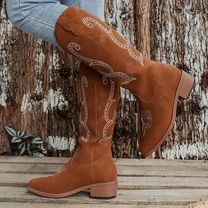 Thick Heel High Western Cowboy Boots Embroidered Sleeve Knight Boots Knight Boots - Image 3