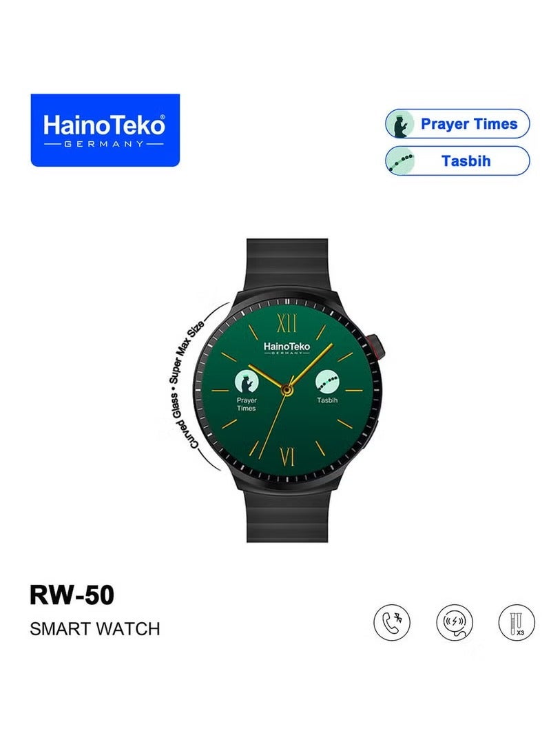 Haino Teko RW50 Super Max Size Round Shape Curved AMOLED Display Smart Watch With 3 Pair Straps For GentsHaino Teko RW50 Super Max Size Round Shape Curved AMOLED Display Smart Watch With 3 Pair Straps For Gents and Boys Black - Image 1