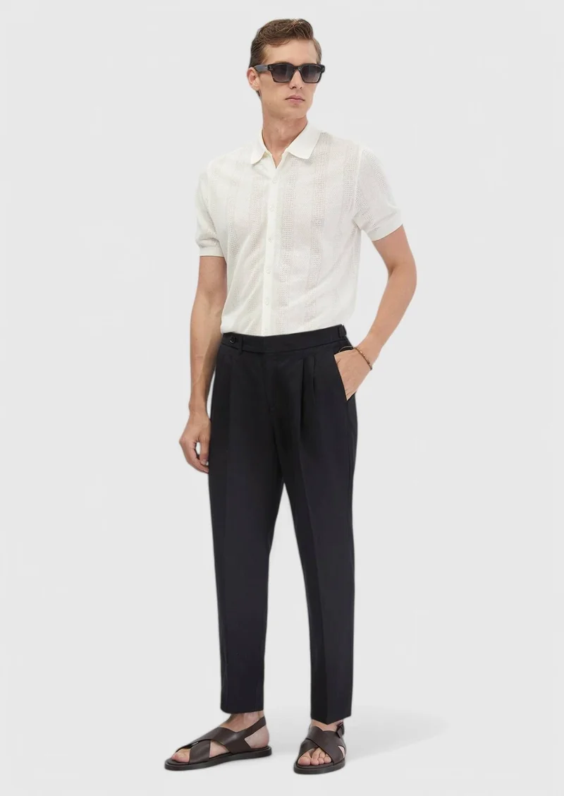 Ramsey Ecru Polo Neck Jacquard Linen Blended Cardigan
