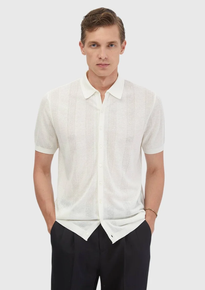 Ramsey Ecru Polo Neck Jacquard Linen Blended Cardigan