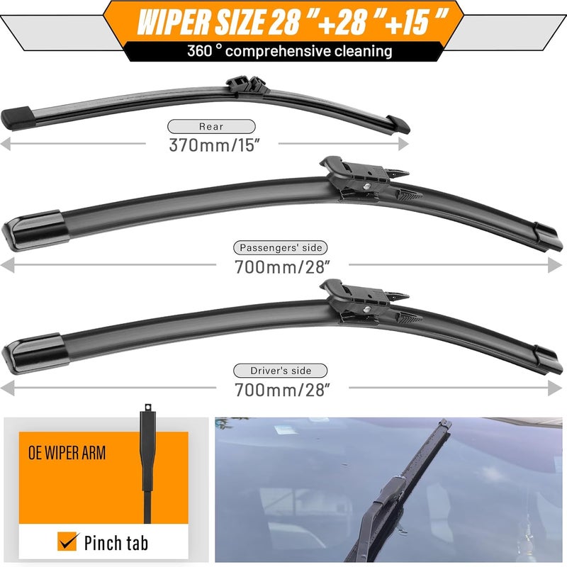 AUTOBOO 28"+28" Windshield Wipers with 15 Inch Rear Wiper Blade Replacement for Ford edge 2015 2016 2017 2018 2019 2020 2021-Original Factory Quality (Pack of 3) - Image 3