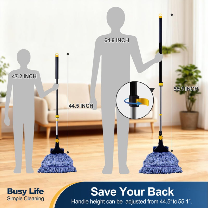 Yocada Looped-End String Wet Mop Heavy Duty Cotton Mop Commercial Industrial Grade Telescopic Iron Pole Jaw Clamp Floor Cleaning 55.1 inch - Image 4