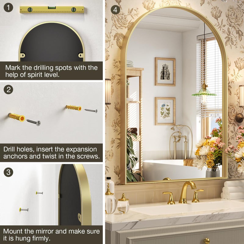 Brightify Arched Mirror, 24 x 36 Inch Gold Arch Mirror, Metal Frame Gold Arched Wall Mirror, Arched Top Bathroom Vanity Mirror for Living Room Bedroom Mantle Entryway Hallways - Image 5