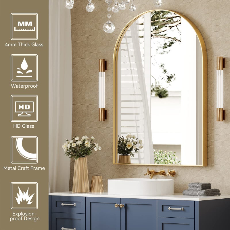 Brightify Arched Mirror, 24 x 36 Inch Gold Arch Mirror, Metal Frame Gold Arched Wall Mirror, Arched Top Bathroom Vanity Mirror for Living Room Bedroom Mantle Entryway Hallways - Image 2