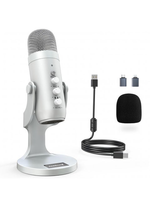 ZealSound USB Microphone,Condenser Computer PC Mic,Plug&Play Gaming Microphones for PS 4&5.Headphone Output&Volume Control,Mic Gain Control,Mute Button Vocal,YouTube Podcast on Mac&Windows(Silver)