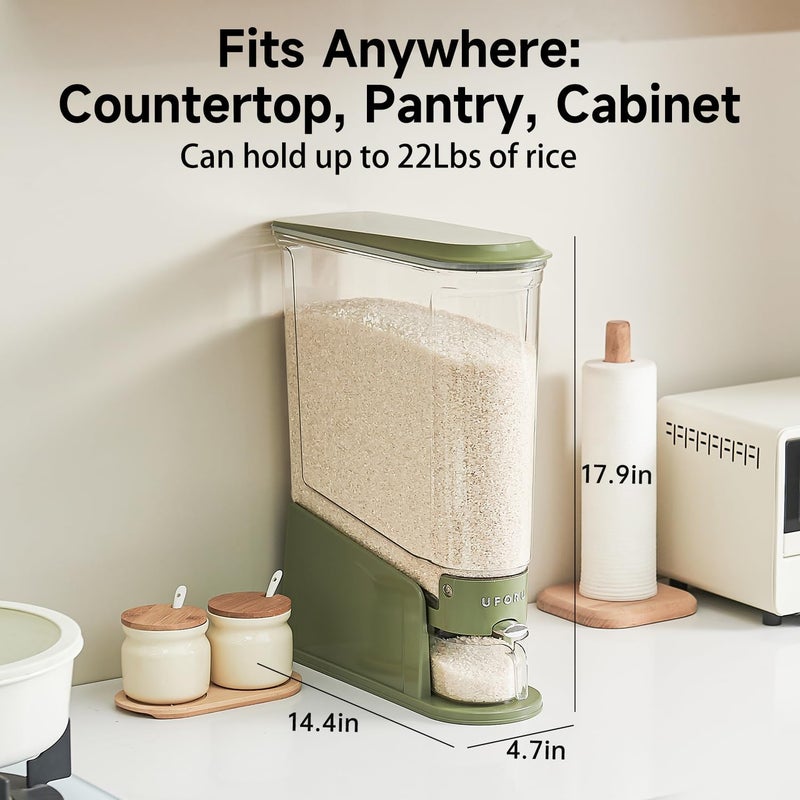 UFORU موزع أرز 22 رطل، حاوية تخزين أرز نحيفة للمساحات الصغيرة، موزع طعام جاف شفاف خالي من BPA محكم ضد الرطوبة، دلو تخزين الحبوب والحبوب لمطبخ المنزل، أخضر - Image 2