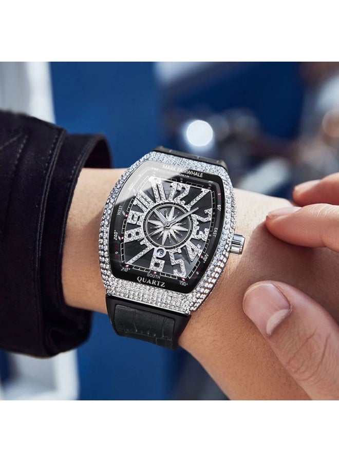 Mark Fairwhale Barrel-Shaped Full Diamond Date Quartz Watch - Alloy Case, Black Leather Strap, 30M Water Resistant - Image 3