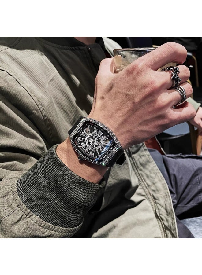 Mark Fairwhale Barrel-Shaped Full Diamond Date Quartz Watch - Alloy Case, Black Leather Strap, 30M Water Resistant - Image 4