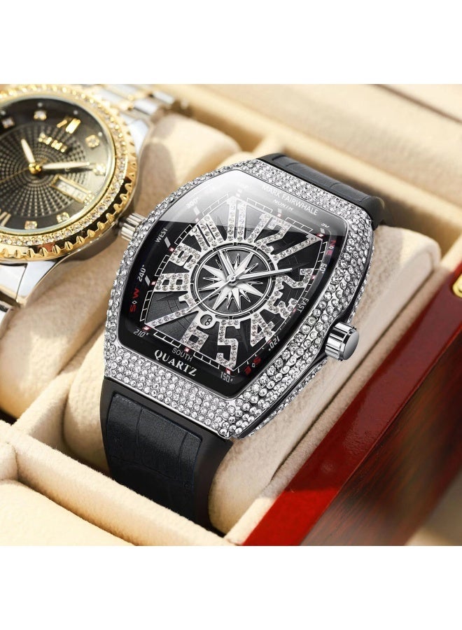 Mark Fairwhale Barrel-Shaped Full Diamond Date Quartz Watch - Alloy Case, Black Leather Strap, 30M Water Resistant - Image 2