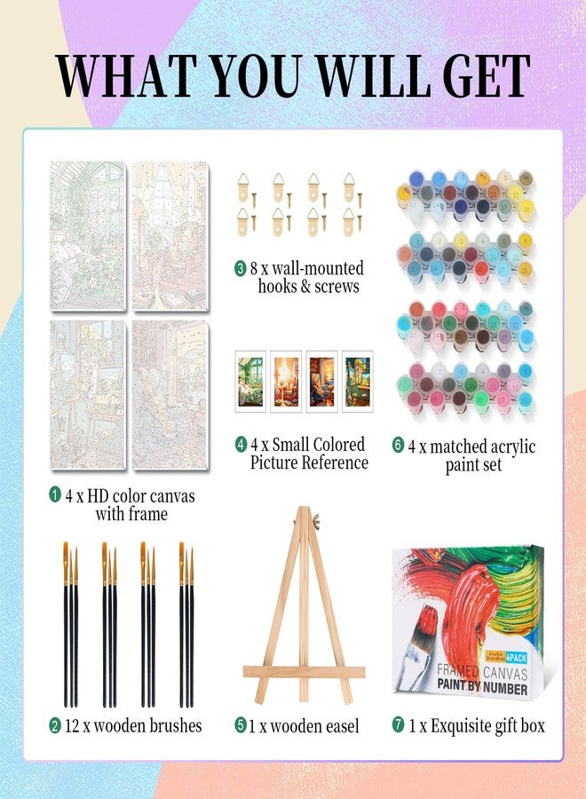 Camocin 4 Pack Framed Paint by Numbers Kit for Adults with Wooden Easel, Landscape Paint by Numbers with Frame for Beginner, Window Adult Paints by Number Kits on Canvas Framed 8 x 12 Inch - Image 4