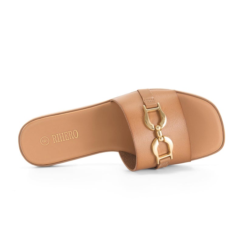 Rihero Slide Sandals Women Comfortable Flat Slides Dressy Summer Square Peep Toe Leather Wide Width Sandals Camel Size 8 - Image 2