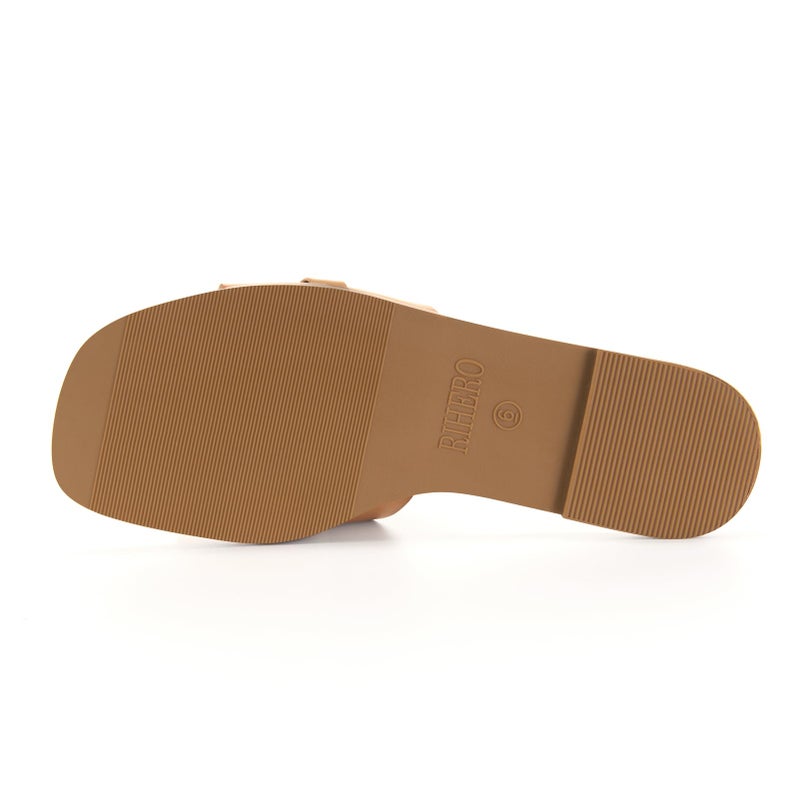 Rihero Slide Sandals Women Comfortable Flat Slides Dressy Summer Square Peep Toe Leather Wide Width Sandals Camel Size 8 - Image 4