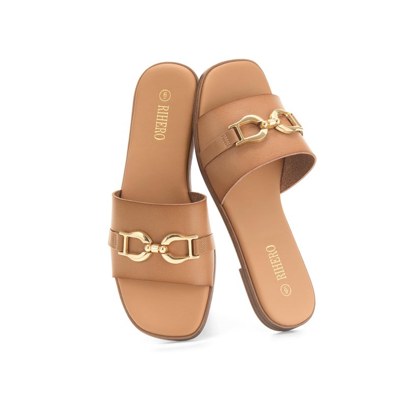 Rihero Slide Sandals Women Comfortable Flat Slides Dressy Summer Square Peep Toe Leather Wide Width Sandals Camel Size 8 - Image 5