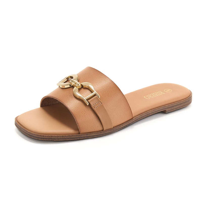 Rihero Slide Sandals Women Comfortable Flat Slides Dressy Summer Square Peep Toe Leather Wide Width Sandals Camel Size 8 - Image 1