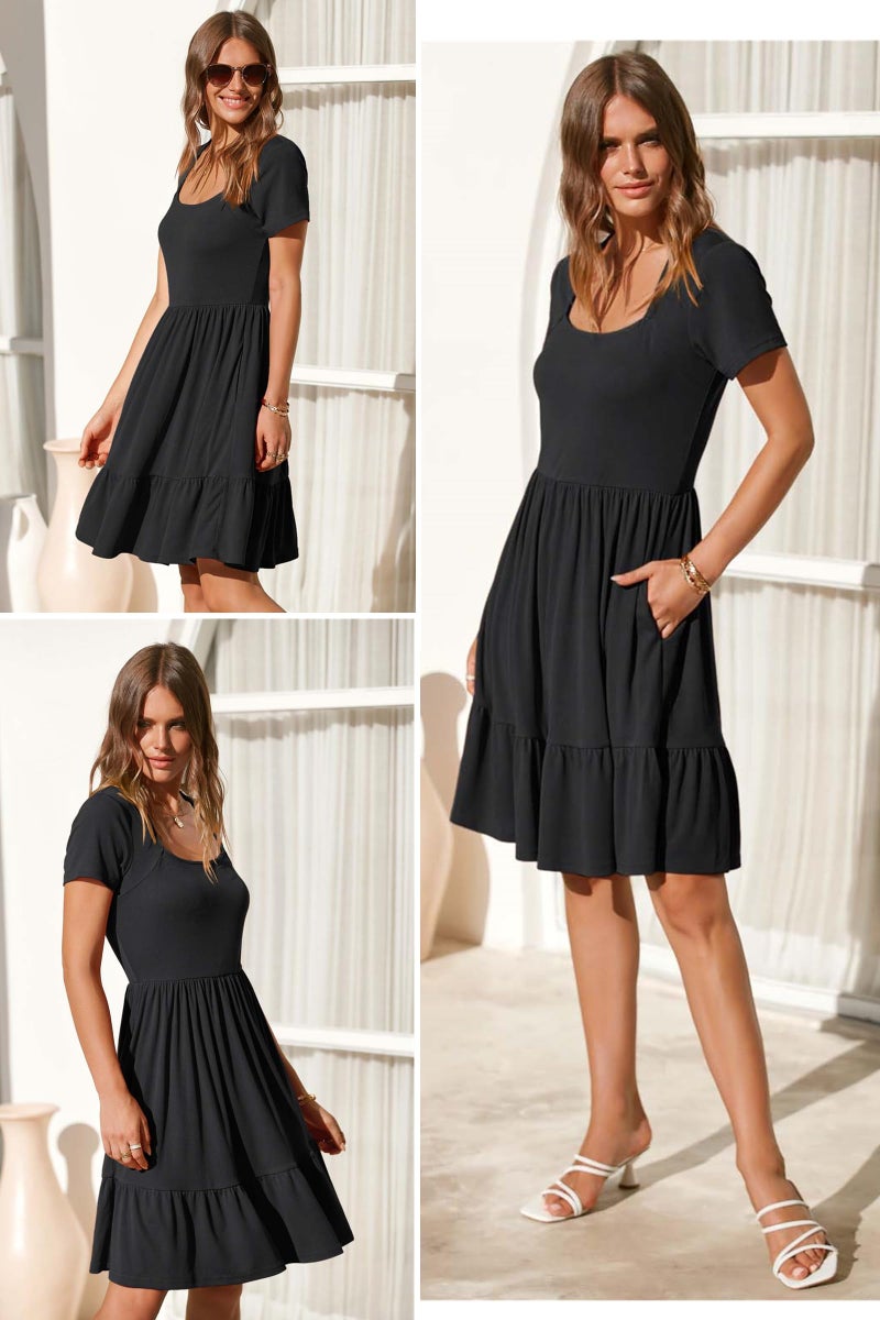 Newshows Women's 2026 Summer Dress Square Neck A Line Flowy Beach Vacation Sundress Semi-Formal Work Business Teacher Outfits with Pockets(Black,M) - Image 5