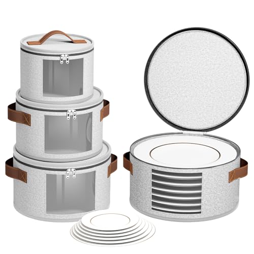 Foyego 4 Piece China Storage Containers, Dish Storage Containers with Clear Windows, Hard Shell Plate Organizer with Handles, Stackable Stemware Storage Cases, Moving Boxes for Dishes, Plates, Light Gray - Image 1