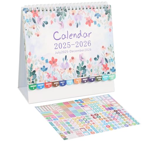 Koqye Small Desk Calendar 2025-2026 (July 2025-Dec 2026) - 18 Month Standing Flip Calendar with Planner Stickers for Home Office School (Flower, 8 * 8 inch) - Image 1