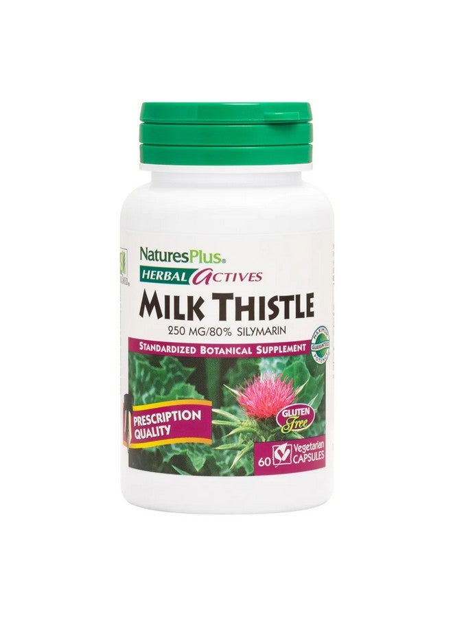 NaturesPlus Natures Plus Herbal Actives Milk Thistle - 250 mg, 80% Silymarin, 60 Vegan Capsules - Vegetarian, Gluten-Free - 60 Servings - Image 1