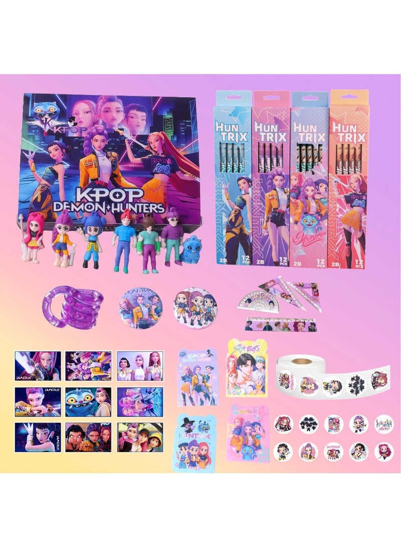 Kpop Demon Hunter Stationery Set, All-in-One Cute School Supplies Kit with 48 Pencils, 4 Journals, Assorted Shaped Ruler Set, 12 Styles Keychain Blind Box Toy, 500 Stickers, Pink & Purple Badges, 10 Waterproof Stickers, Stress Relief Twist Toy, Stylish Stationery Gift for Girls Teens Back to School Birthday