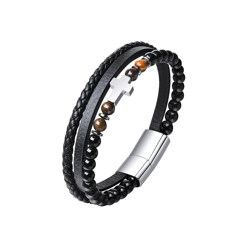 Men's Cross Bracelet with Tiger Eye & Onyx Beads, Stainless Steel - Image 3