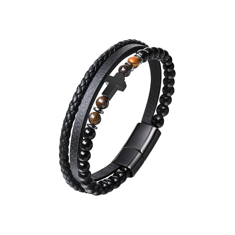 Men's Cross Bracelet with Tiger Eye & Onyx Beads, Stainless Steel - Image 5