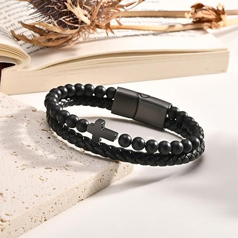 Men's Cross Bracelet with Tiger Eye & Onyx Beads, Stainless Steel - Image 1
