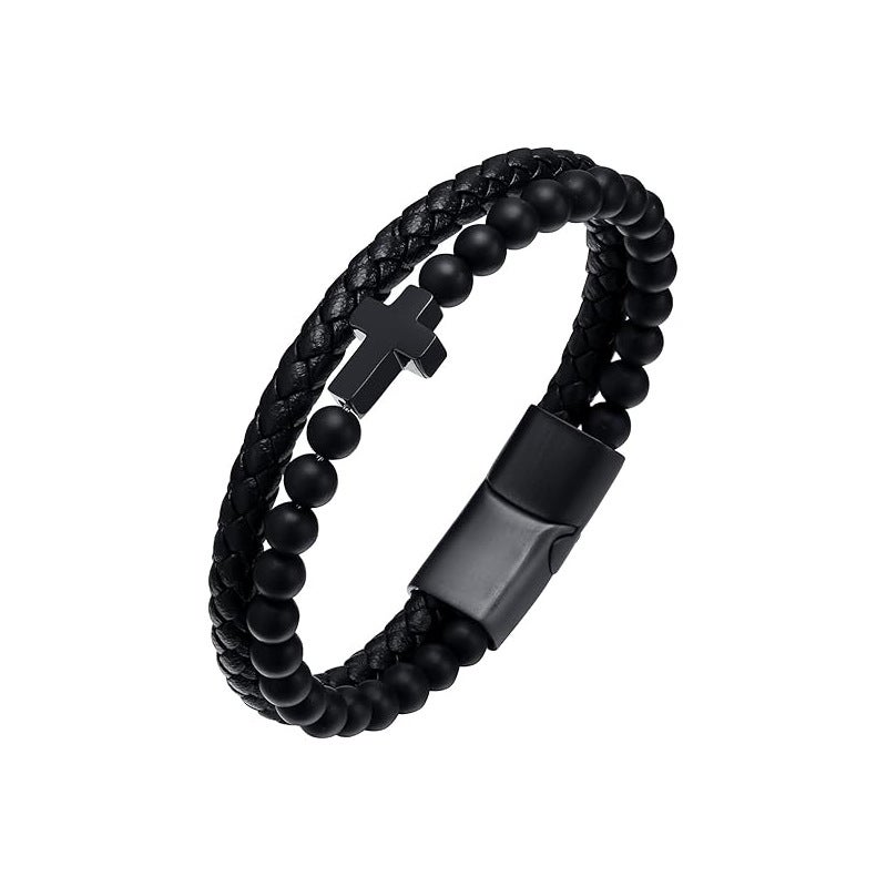 Men's Cross Bracelet with Tiger Eye & Onyx Beads, Stainless Steel - Image 2