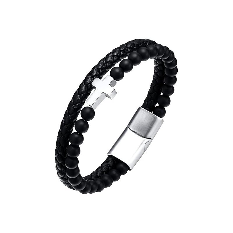 Men's Cross Bracelet with Tiger Eye & Onyx Beads, Stainless Steel - Image 4