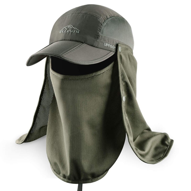ELLEWIN Outdoor Fishing Flap Hat UPF50 Sun Cap Removable Mesh Face Neck Cover, D-army Green/ Mesh Neck Cover, M-L-XL - Image 1