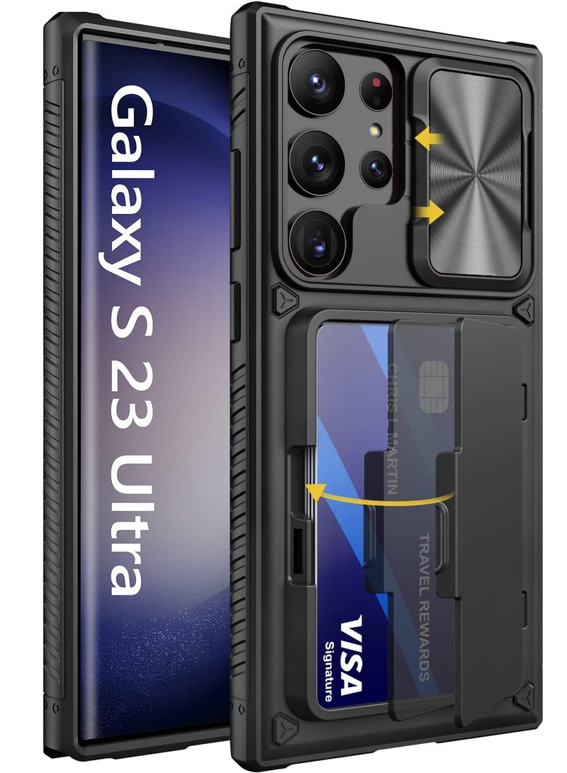 Vihibii for Samsung Galaxy S23 Ultra Case with Card Holder (4 Cards) & Sliding Camera Cover & Kickstand, Shockproof Rugged Hard Back & TPU Edge Wallet Cover for Galaxy S23 Ultra 5G 6.8" 2023, Black - Image 1