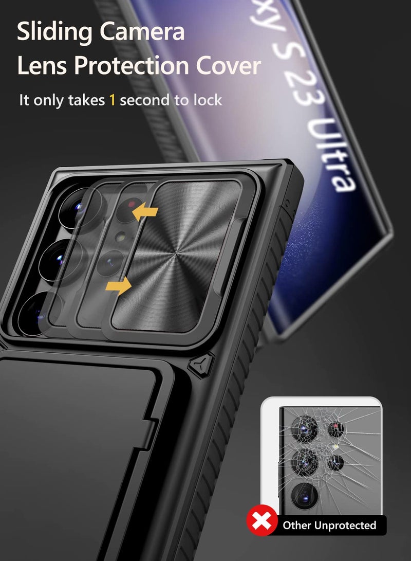 Vihibii for Samsung Galaxy S23 Ultra Case with Card Holder (4 Cards) & Sliding Camera Cover & Kickstand, Shockproof Rugged Hard Back & TPU Edge Wallet Cover for Galaxy S23 Ultra 5G 6.8" 2023, Black - Image 3