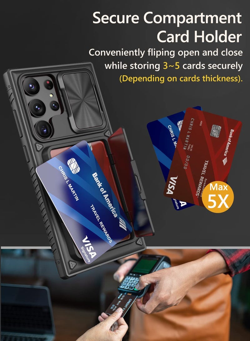 Vihibii for Samsung Galaxy S23 Ultra Case with Card Holder (4 Cards) & Sliding Camera Cover & Kickstand, Shockproof Rugged Hard Back & TPU Edge Wallet Cover for Galaxy S23 Ultra 5G 6.8" 2023, Black - Image 2