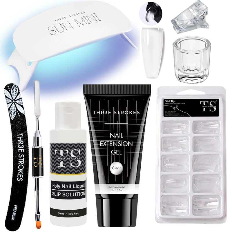 THR3E STROKES Poly Nail Gel Extension Kit With Slip Solution Uv Nail Lamp for Builder Gel UV Nail Art Kit Nail Extension Set SSD KIT CLEAR 8 IN 1 - Image 1