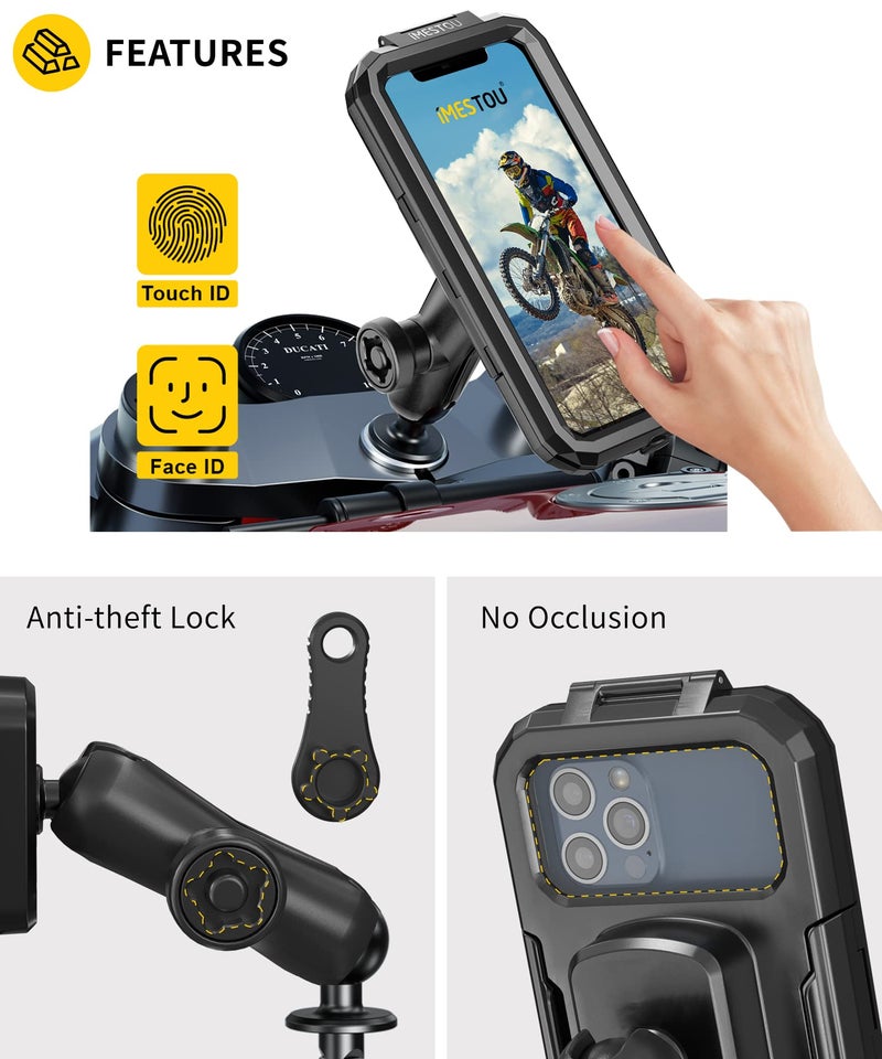 iMESTOU Waterproof Motorcycle Fork Stem Phone Mount Case 1" Ball Bike Phone Holder Anti-Theft with B Size Double Socket Arms Aluminum Ball Base for 5.5"-6.8" Cellphones (L) - Image 3