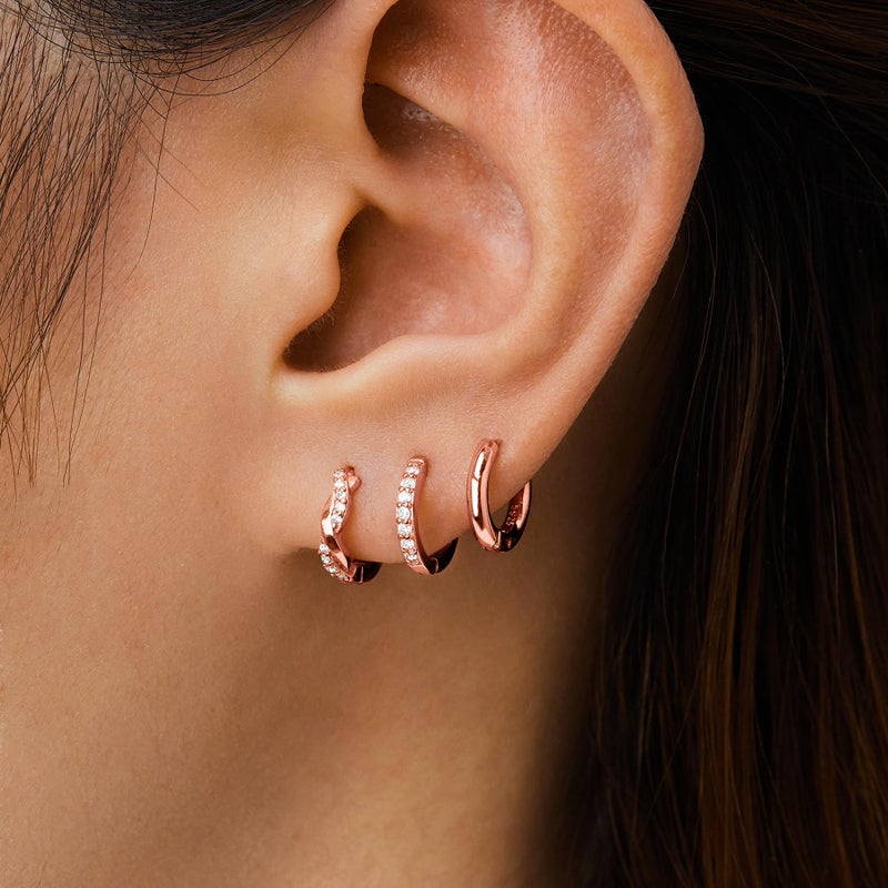 Inerney Rose Gold Huggie Hoop Earrings Set for Women, Dainty 14K Small Cartilage Earrings for Multiple Piercing Lightweight Hypoallergenic Jewelry, Trendy Twisted CZ Earring for Women's Gifts 3 Pairs - Image 3