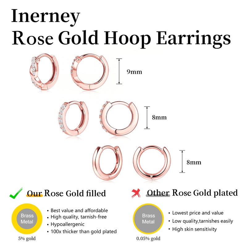 Inerney Rose Gold Huggie Hoop Earrings Set for Women, Dainty 14K Small Cartilage Earrings for Multiple Piercing Lightweight Hypoallergenic Jewelry, Trendy Twisted CZ Earring for Women's Gifts 3 Pairs - Image 5