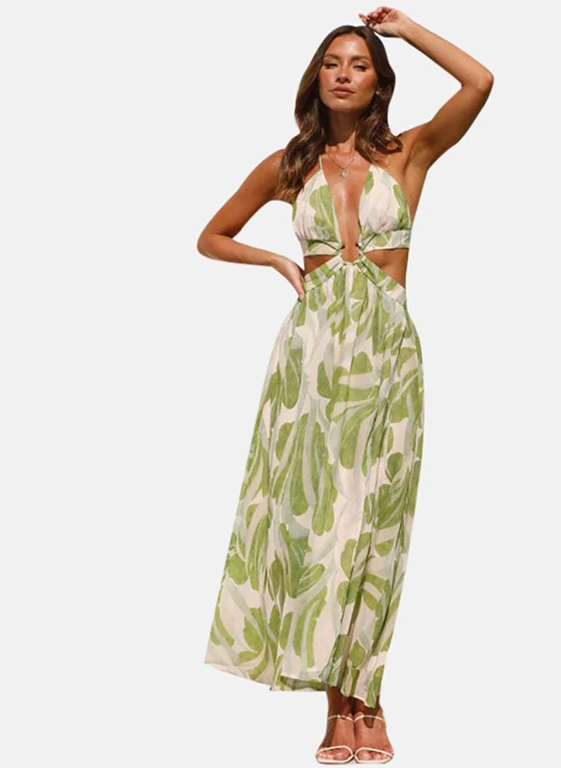 يونيكي Green Tropical Printed Cut-Outs Detail Maxi Dress