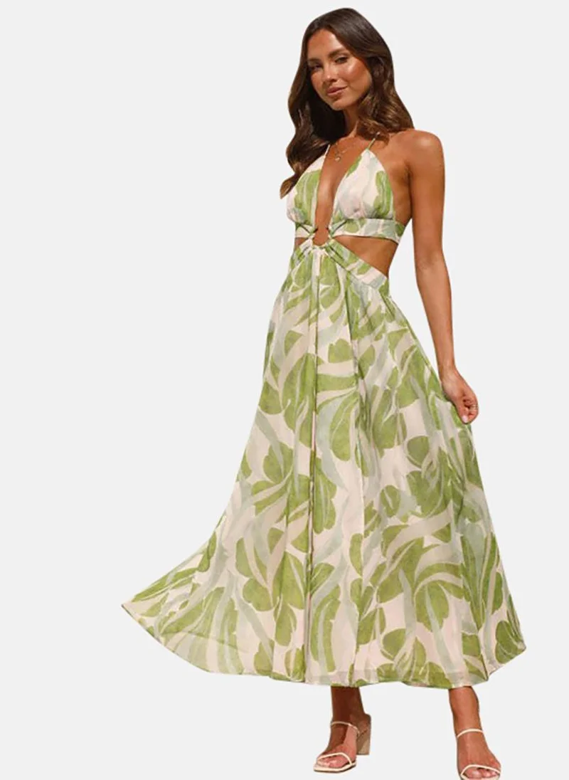 YUNIQEE Green Tropical Printed Cut-Outs Detail Maxi Dress