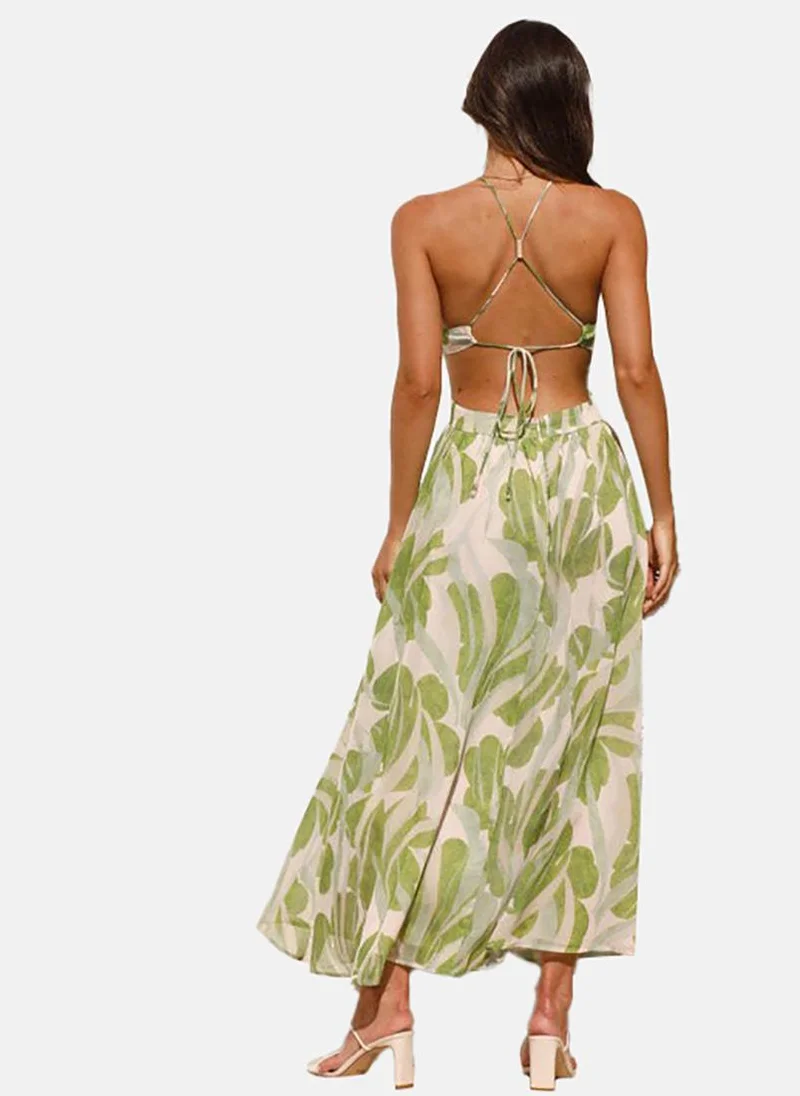 يونيكي Green Tropical Printed Cut-Outs Detail Maxi Dress