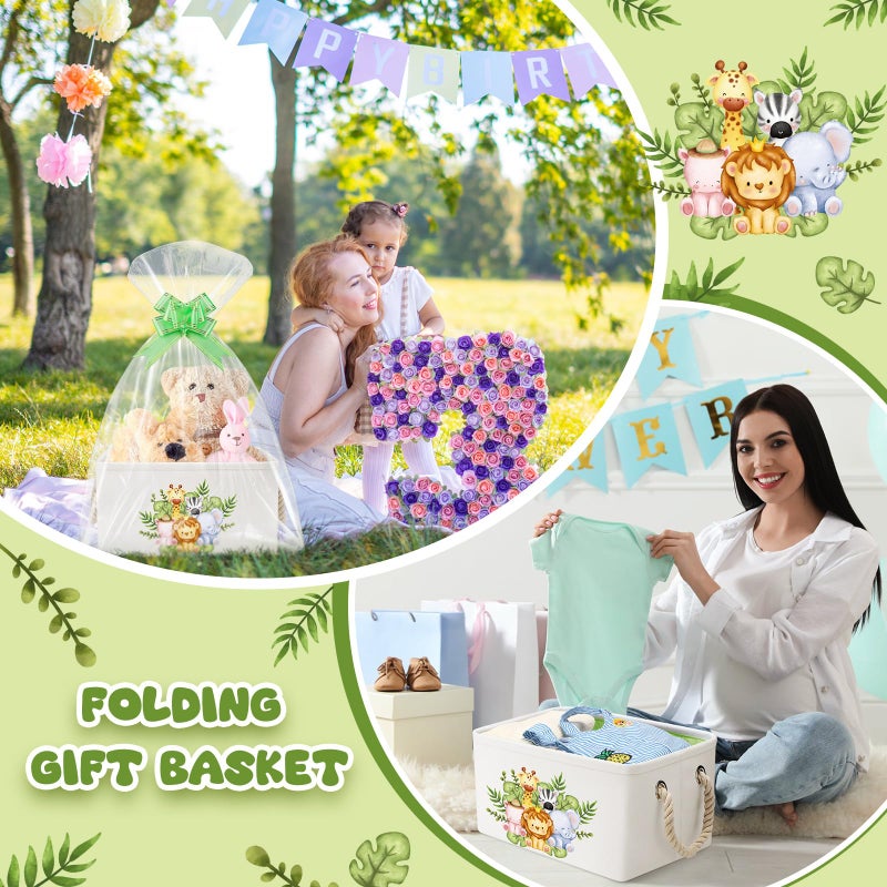 Pickmesh Baby Shower Storage Basket with Gift Bags Rectangular Ribbons Collapsible Canvas Storage Bin with Handles for Diaper Organizing Toy Home DIY Gift Basket, 13 x 9. 1 x 7. 1 Inch(Jungle Theme) - Image 4