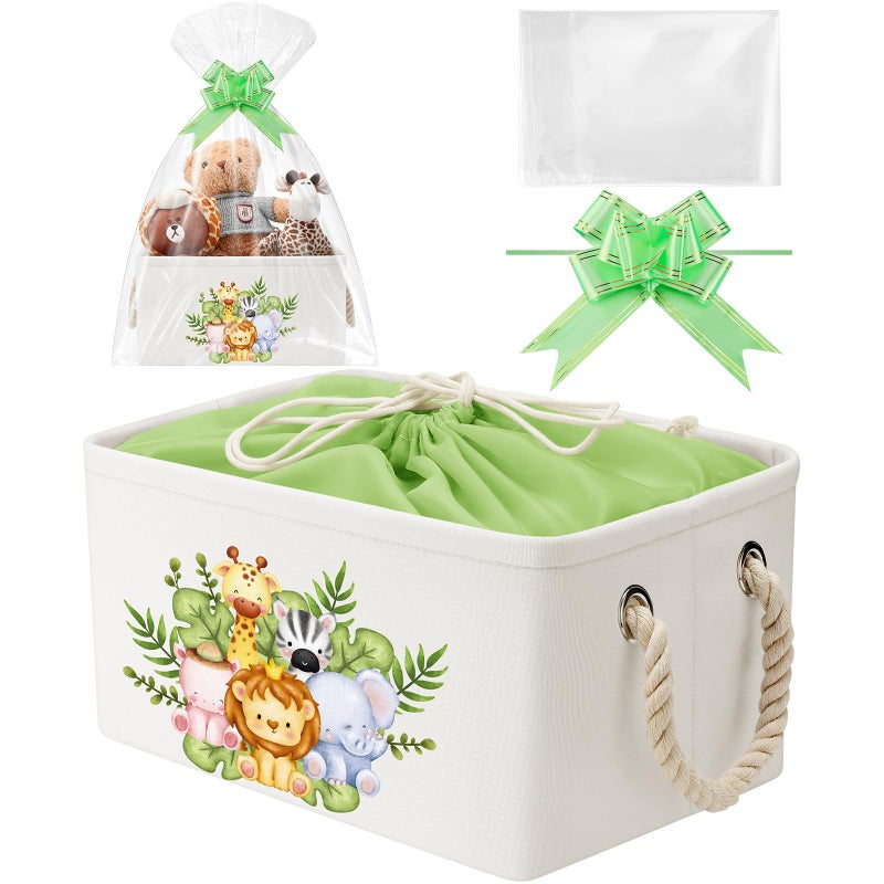 Pickmesh Baby Shower Storage Basket with Gift Bags Rectangular Ribbons Collapsible Canvas Storage Bin with Handles for Diaper Organizing Toy Home DIY Gift Basket, 13 x 9. 1 x 7. 1 Inch(Jungle Theme) - Image 1