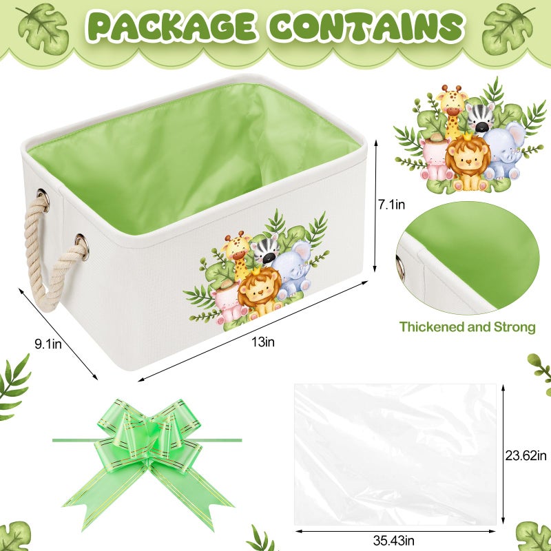 Pickmesh Baby Shower Storage Basket with Gift Bags Rectangular Ribbons Collapsible Canvas Storage Bin with Handles for Diaper Organizing Toy Home DIY Gift Basket, 13 x 9. 1 x 7. 1 Inch(Jungle Theme) - Image 2