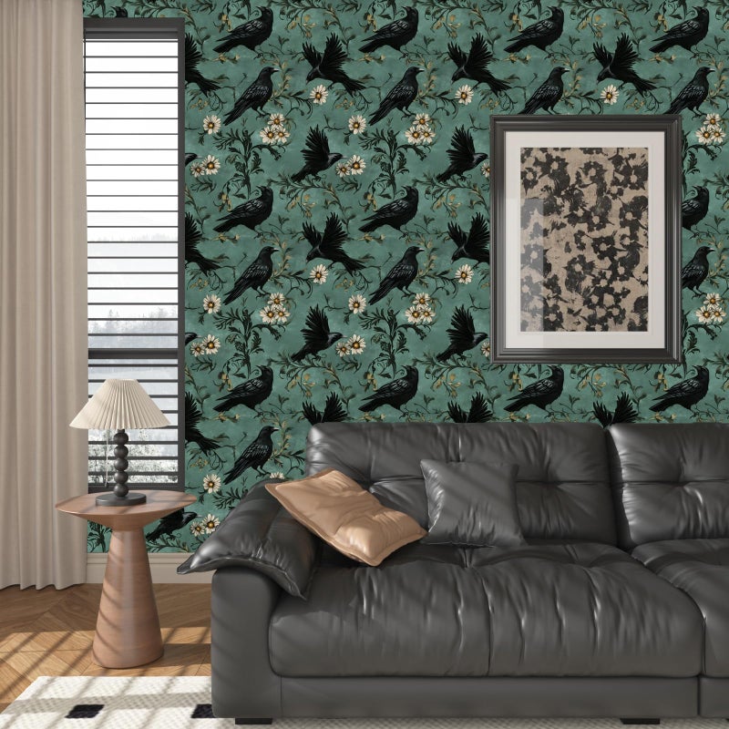 Fvlow Crow Wallpaper Dark Peel and Stick 17.4" x 118" Vintage Contact Paper Gothic Witchy Self Adhesive Removable Covering for Bedroom Bathroom Cabinet Drawer Halloween Raven Wall Decor Grey Green - Image 3