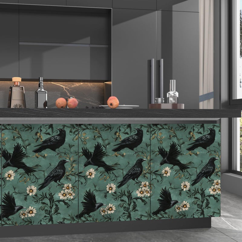 Fvlow Crow Wallpaper Dark Peel and Stick 17.4" x 118" Vintage Contact Paper Gothic Witchy Self Adhesive Removable Covering for Bedroom Bathroom Cabinet Drawer Halloween Raven Wall Decor Grey Green - Image 2