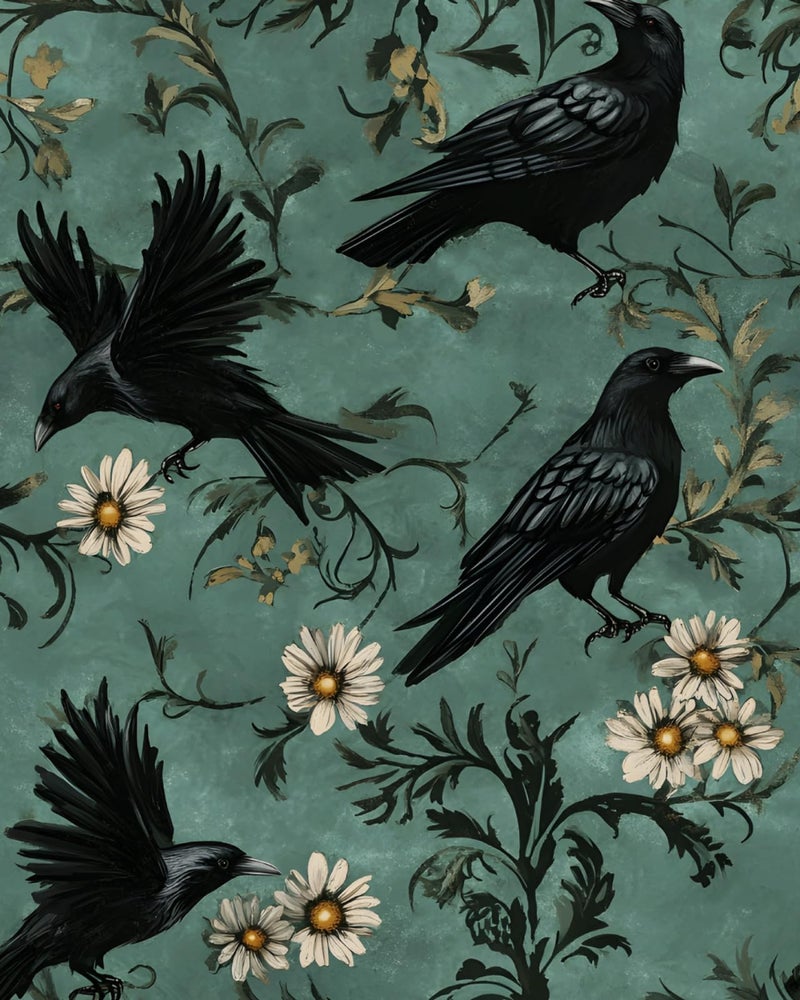Fvlow Crow Wallpaper Dark Peel and Stick 17.4" x 118" Vintage Contact Paper Gothic Witchy Self Adhesive Removable Covering for Bedroom Bathroom Cabinet Drawer Halloween Raven Wall Decor Grey Green - Image 1